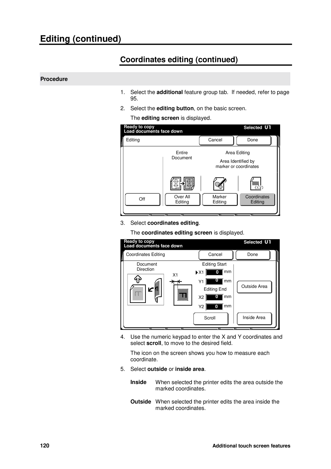 Xerox MAX 200 manual Select outside or inside area, 120 