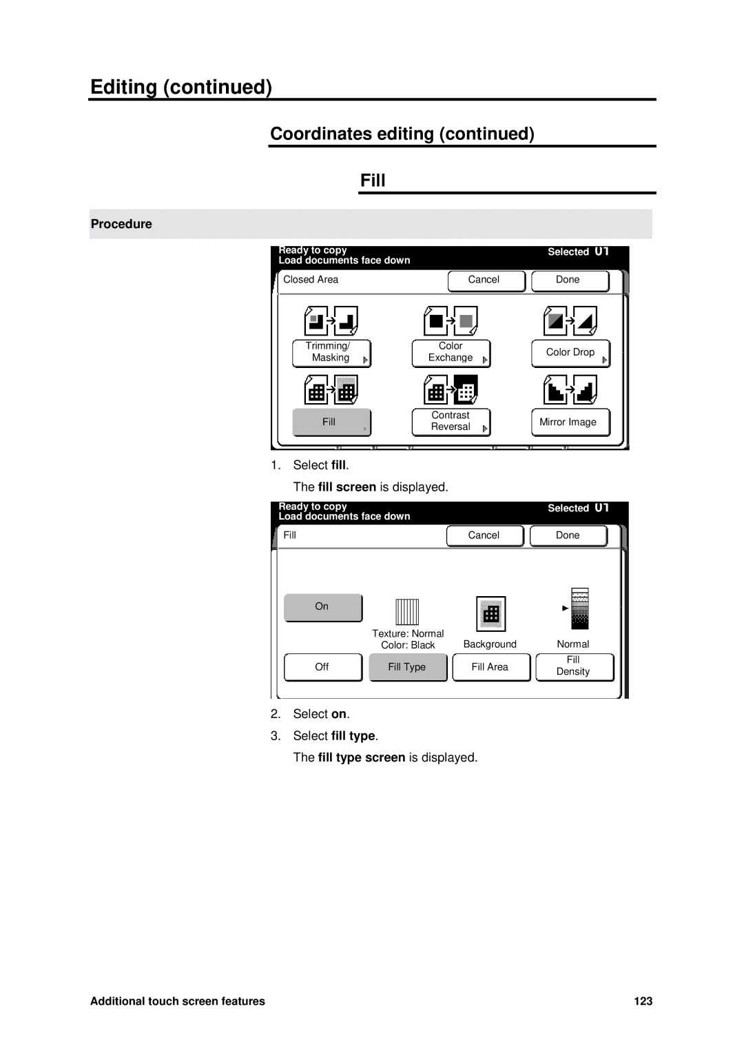 Xerox MAX 200 manual Coordinates editing Fill, Select fill type 