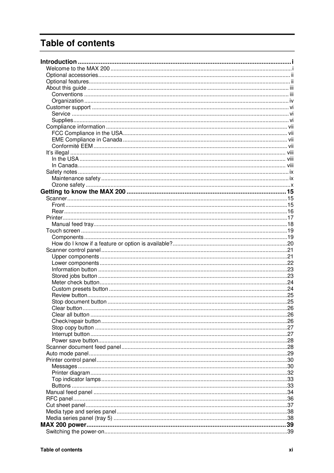 Xerox MAX 200 manual Table of contents 