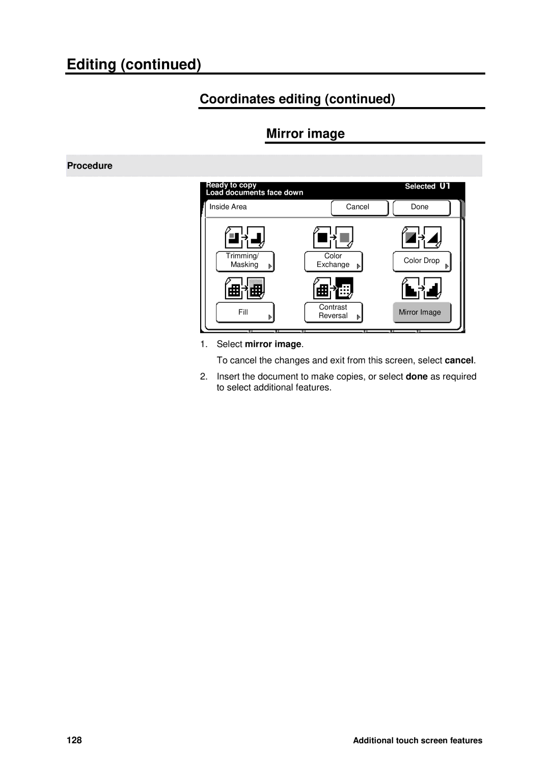 Xerox MAX 200 manual Coordinates editing Mirror image, 128 