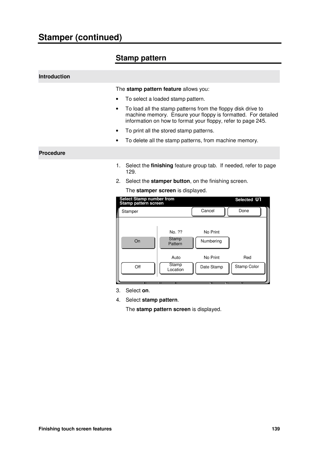 Xerox MAX 200 Introduction Stamp pattern feature allows you, Select stamp pattern Stamp pattern screen is displayed 