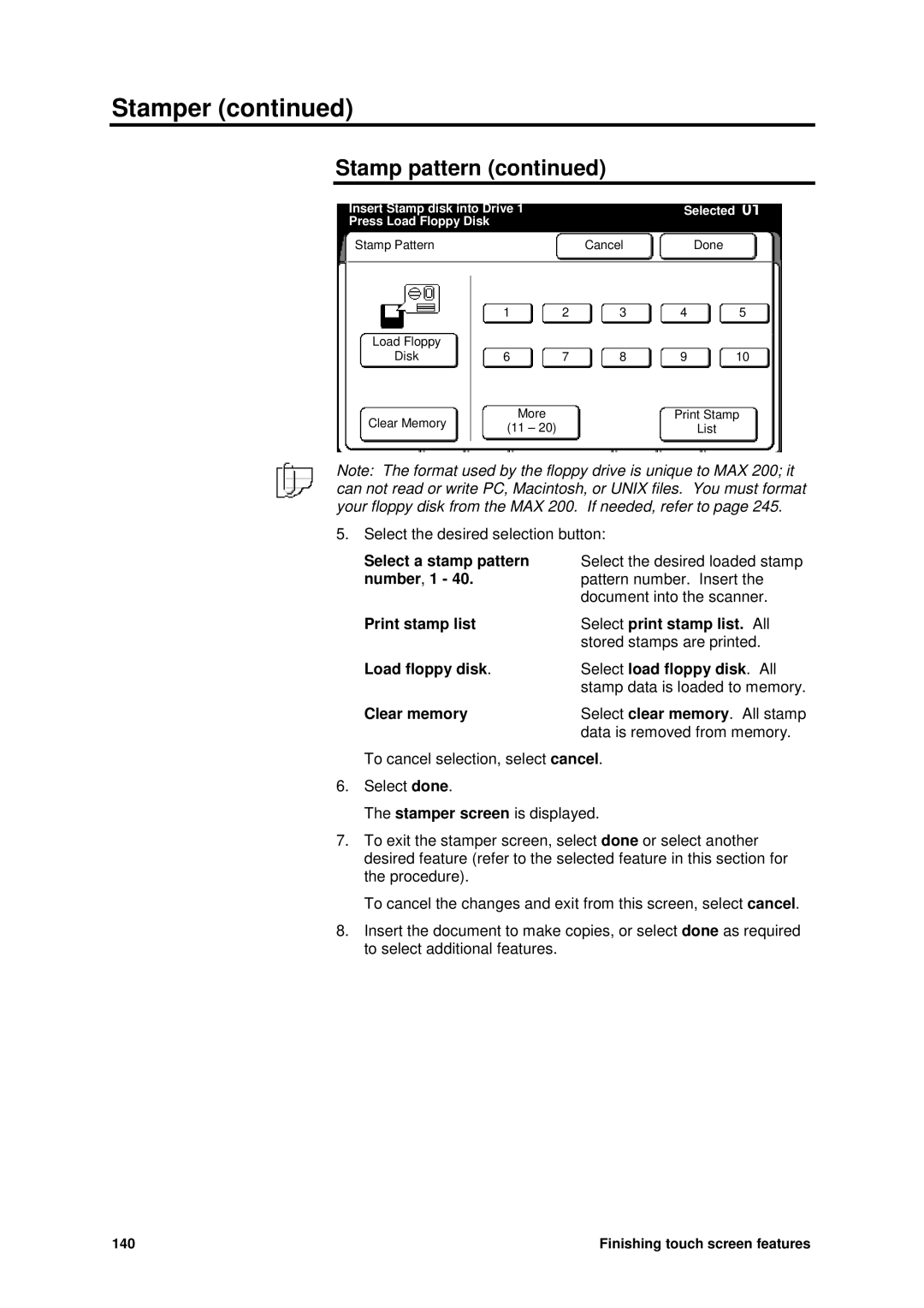 Xerox MAX 200 manual Select a stamp pattern, Number , 1, Print stamp list Select print stamp list. All, Clear memory 