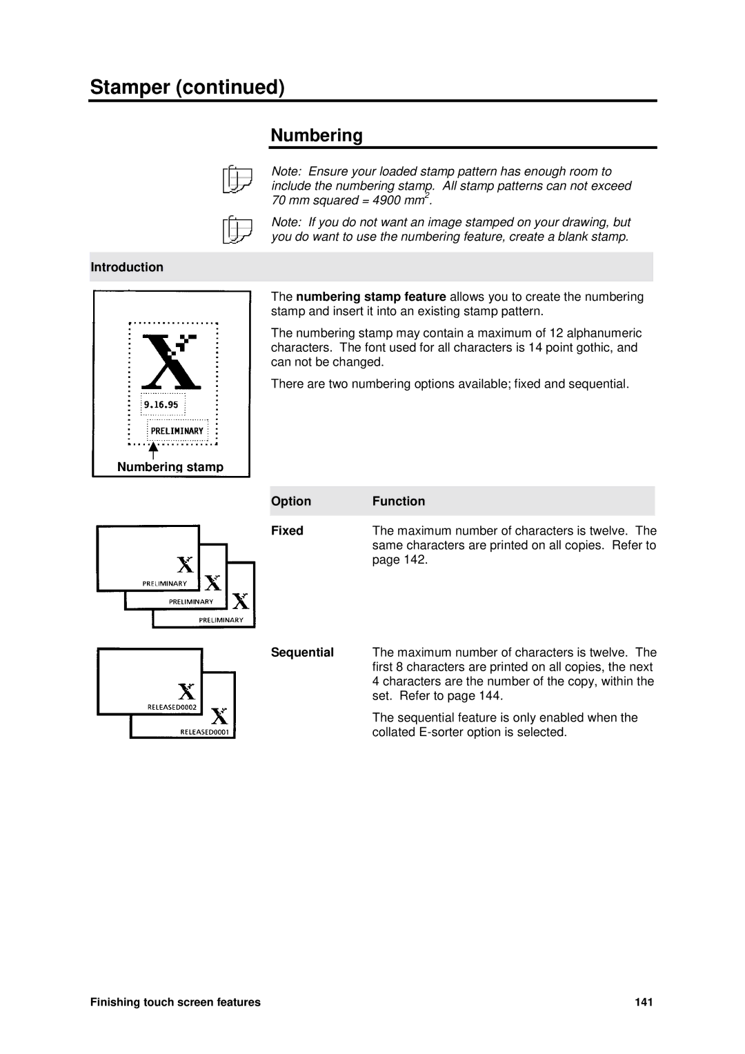 Xerox MAX 200 manual Numbering stamp Option Function Fixed 