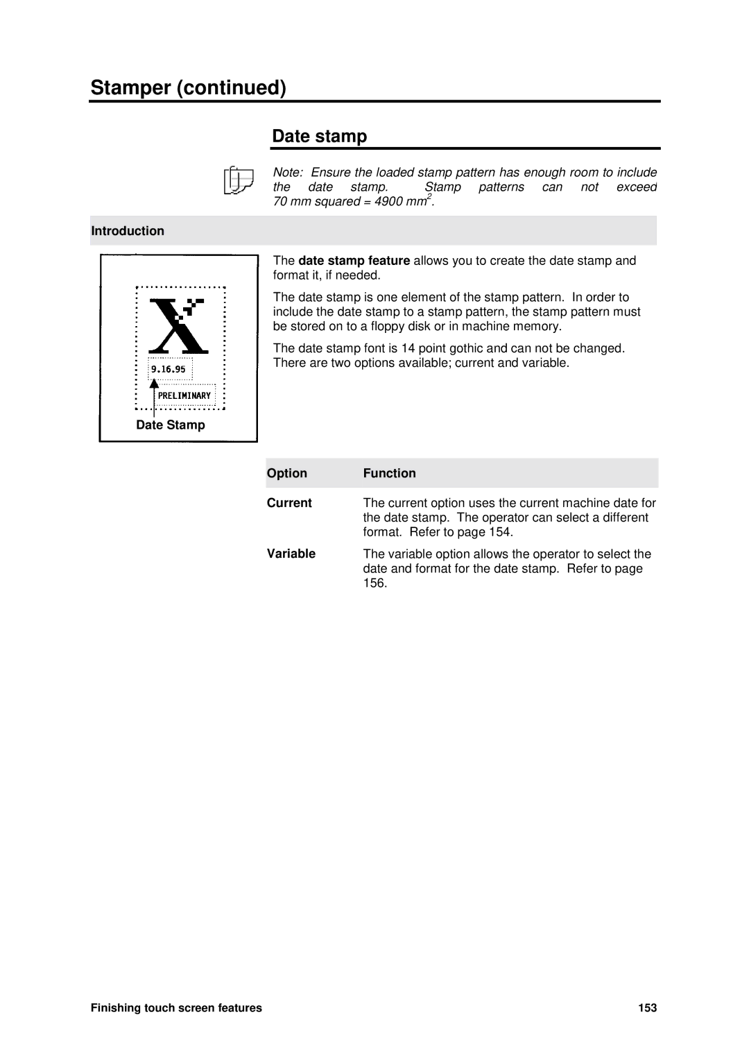 Xerox MAX 200 manual Date stamp, Date Stamp Option Function Current 