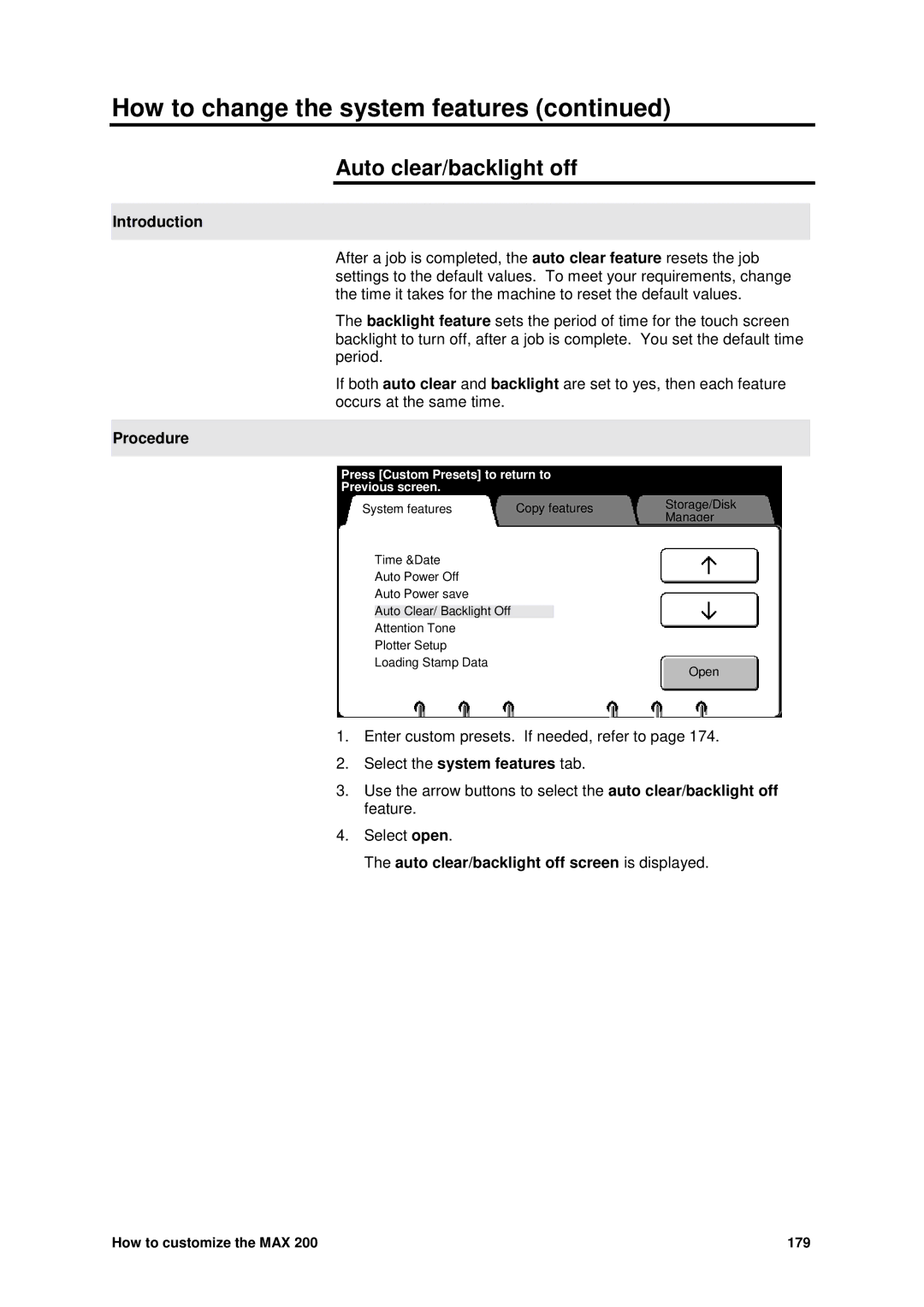 Xerox MAX 200 manual Auto clear/backlight off screen is displayed 