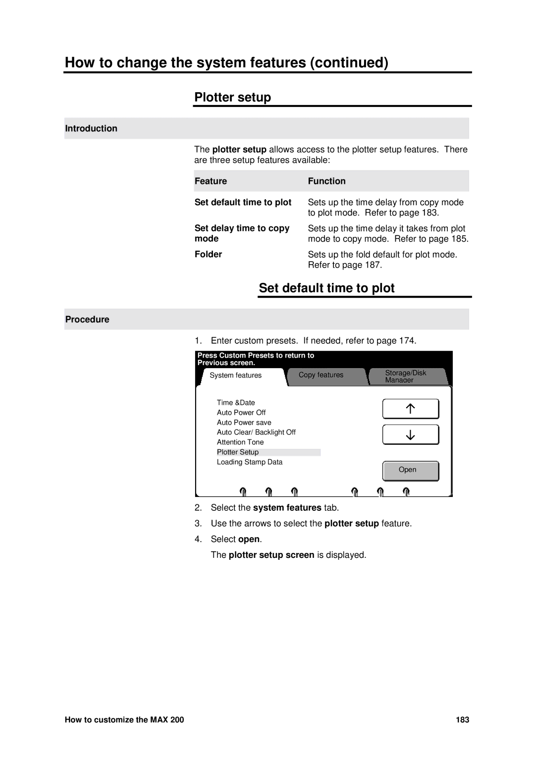 Xerox MAX 200 manual Plotter setup, Set default time to plot, Set delay time to copy mode Folder 