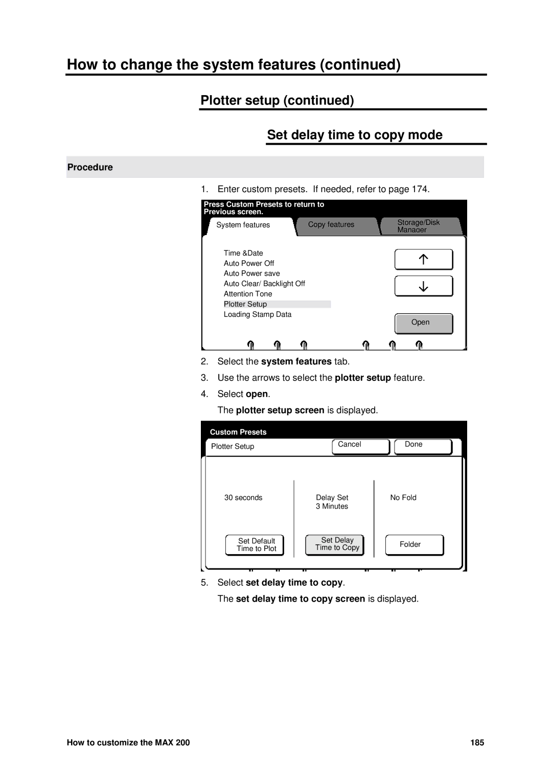 Xerox MAX 200 manual Plotter setup Set delay time to copy mode 