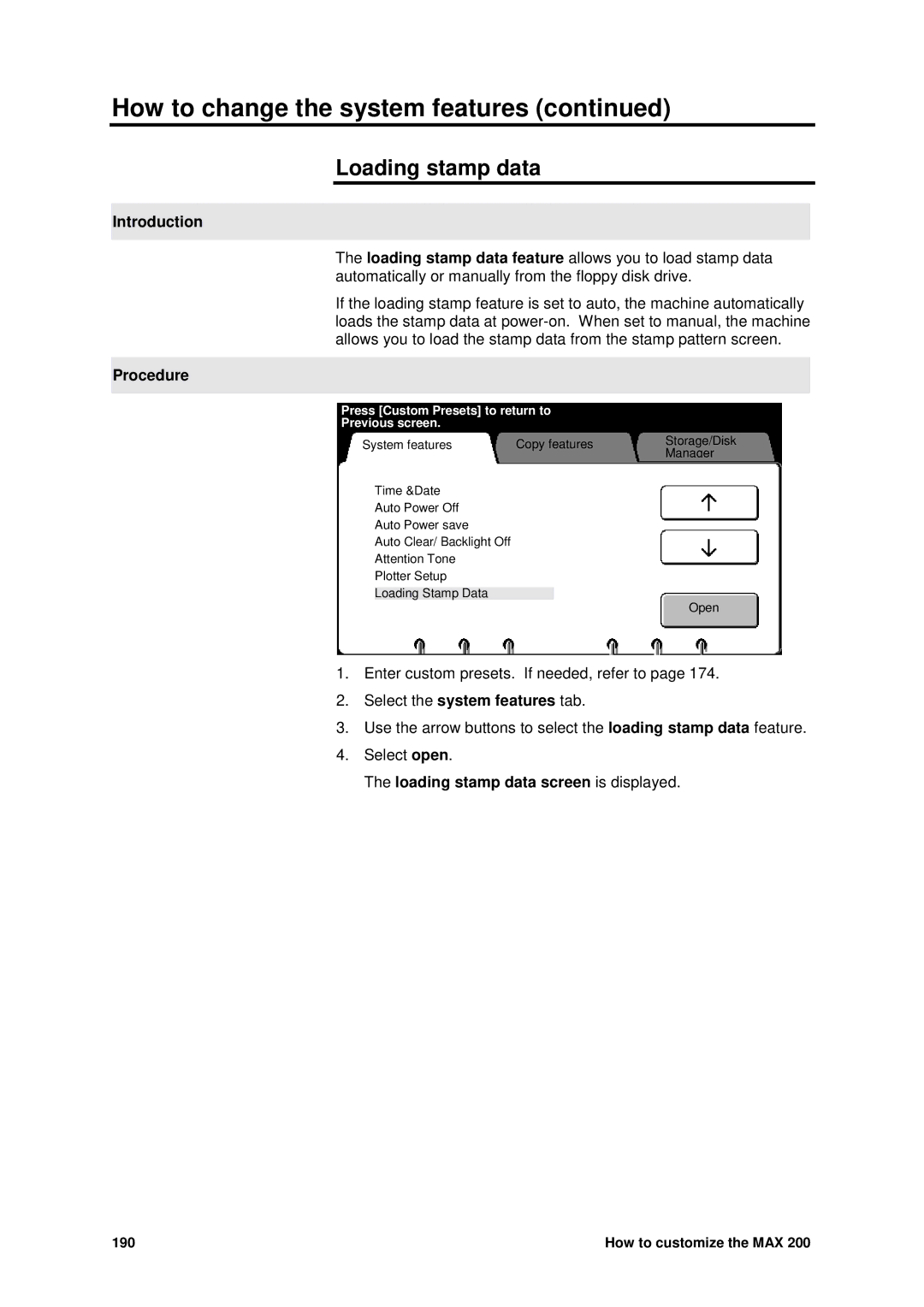 Xerox MAX 200 manual Loading stamp data screen is displayed 