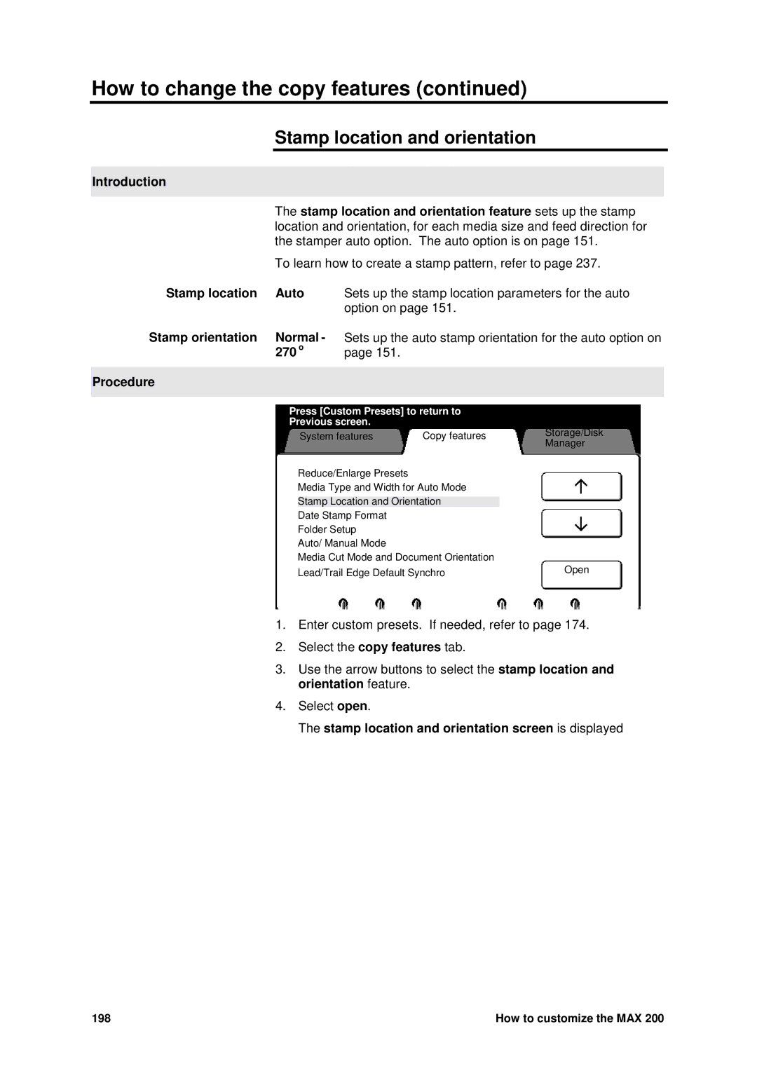 Xerox MAX 200 manual Stamp location and orientation, Stamp location Auto, Stamp orientation Normal, o Procedure 