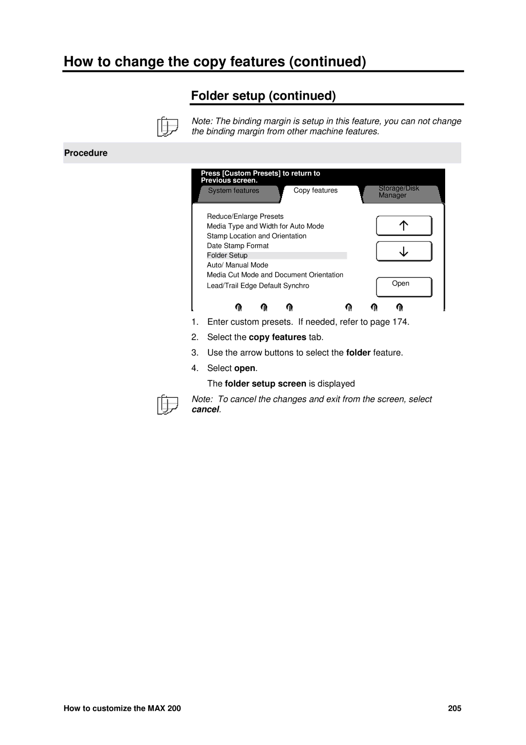 Xerox MAX 200 manual Procedure, Folder setup screen is displayed 