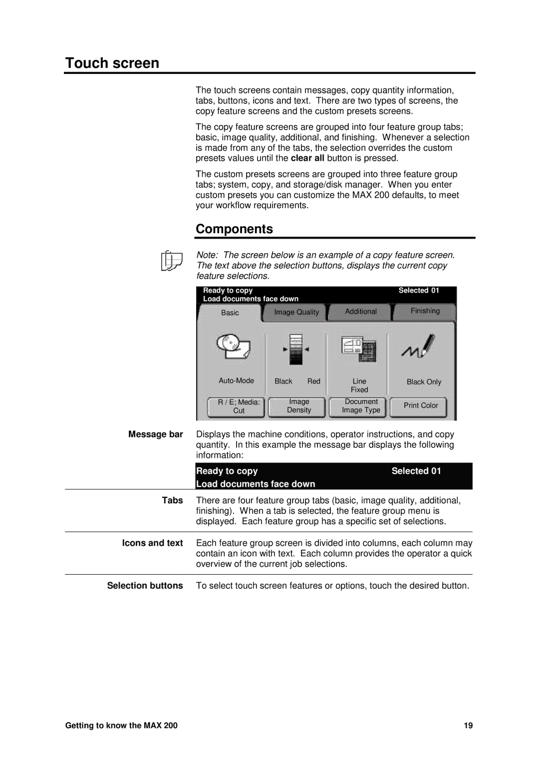 Xerox MAX 200 manual Touch screen, Components 