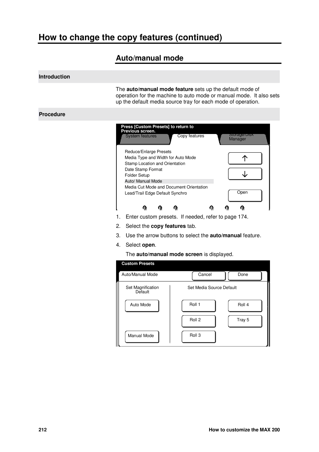 Xerox MAX 200 Auto/manual mode screen is displayed 