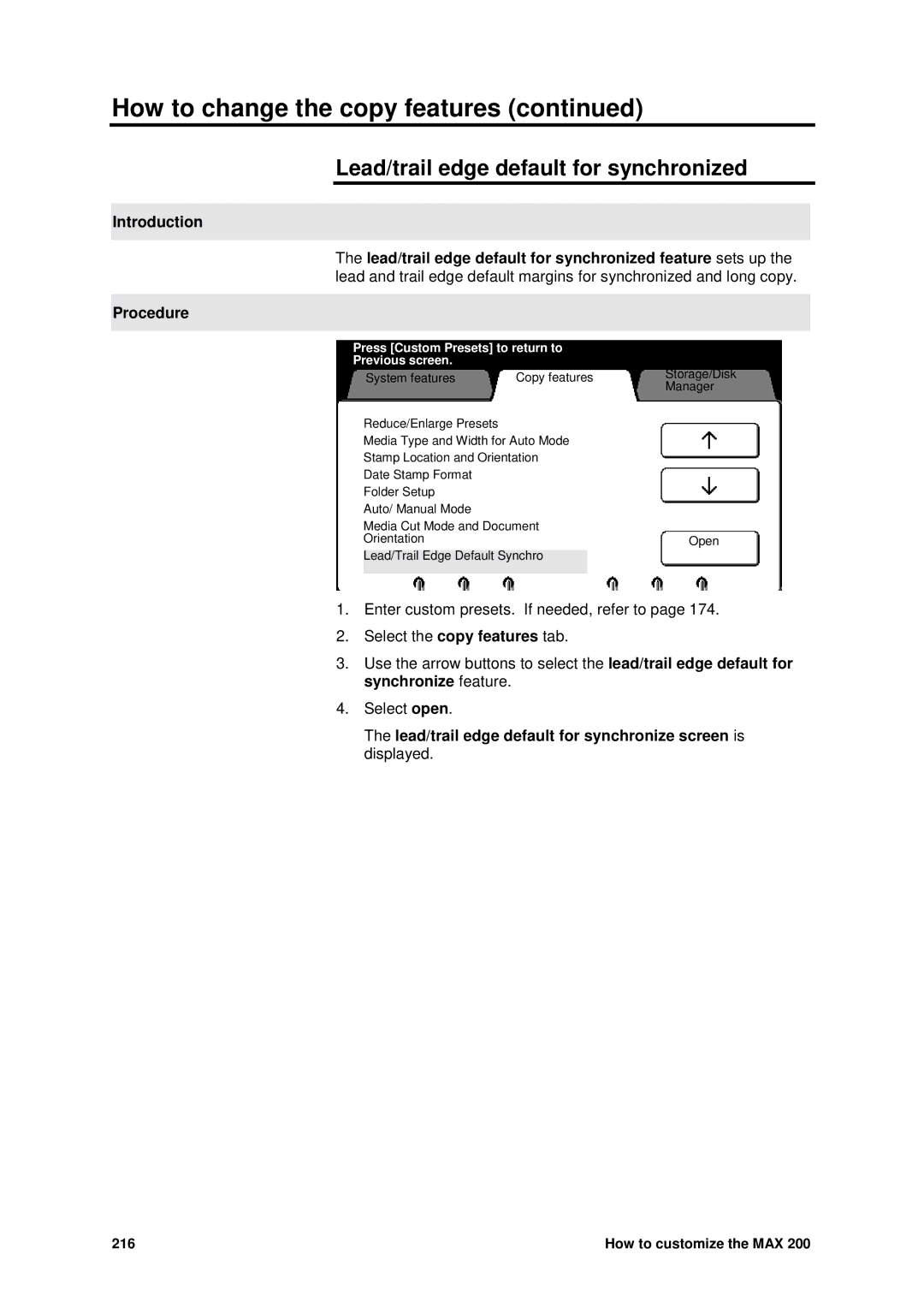 Xerox MAX 200 manual Lead/trail edge default for synchronized, Lead/trail edge default for synchronize screen is displayed 