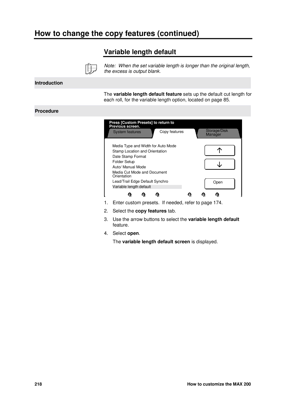 Xerox MAX 200 manual Variable length default screen is displayed 