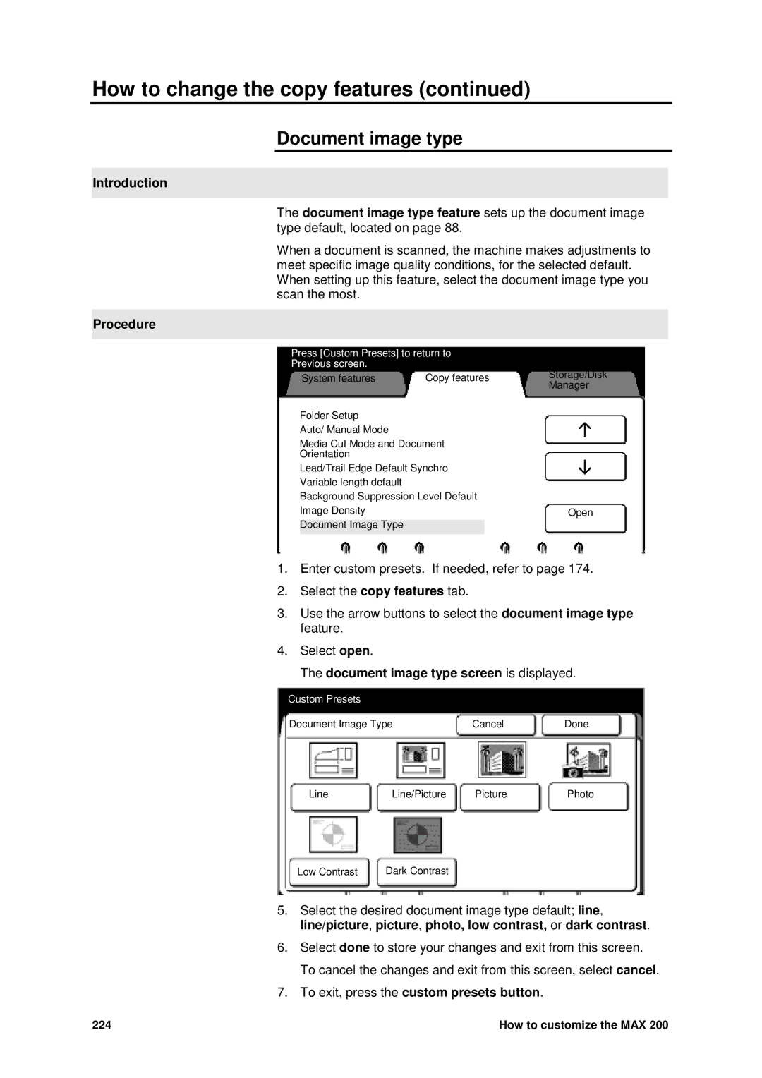 Xerox MAX 200 manual Document image type screen is displayed 