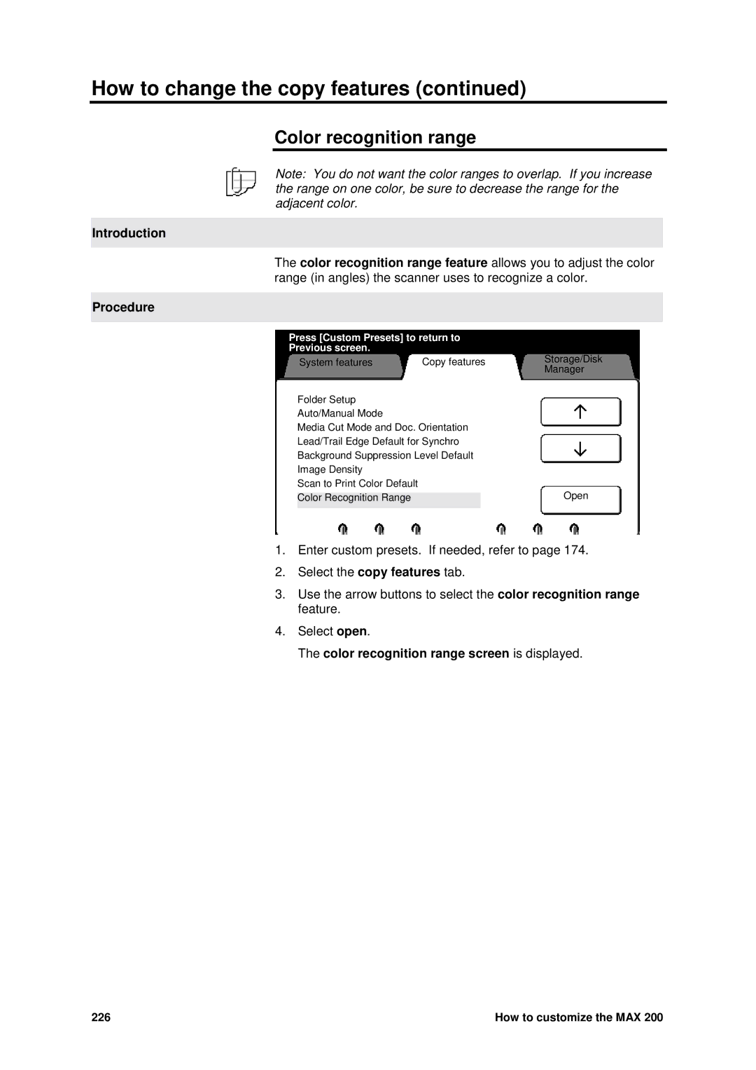 Xerox MAX 200 manual Color recognition range screen is displayed 