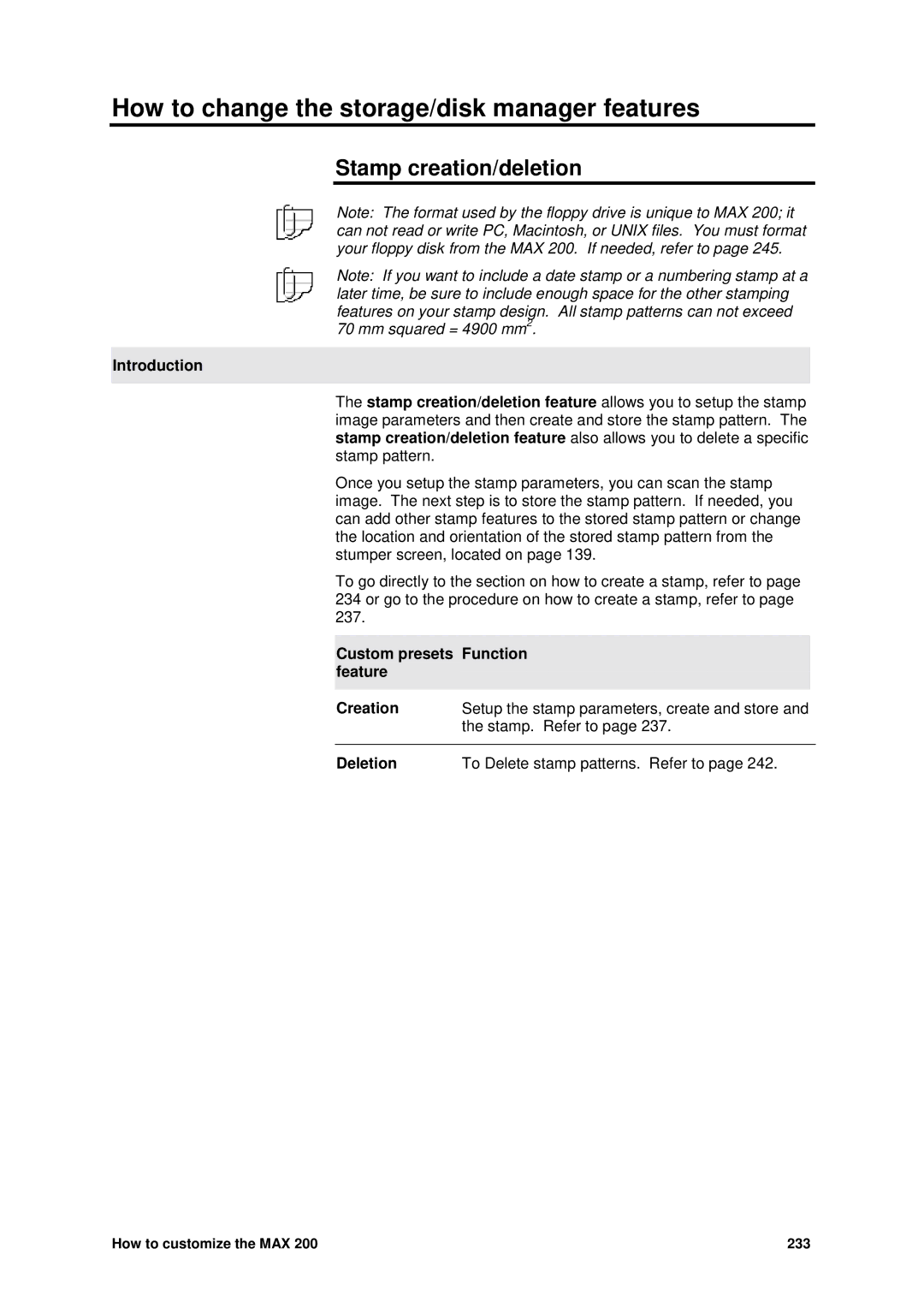 Xerox MAX 200 manual How to change the storage/disk manager features, Stamp creation/deletion 