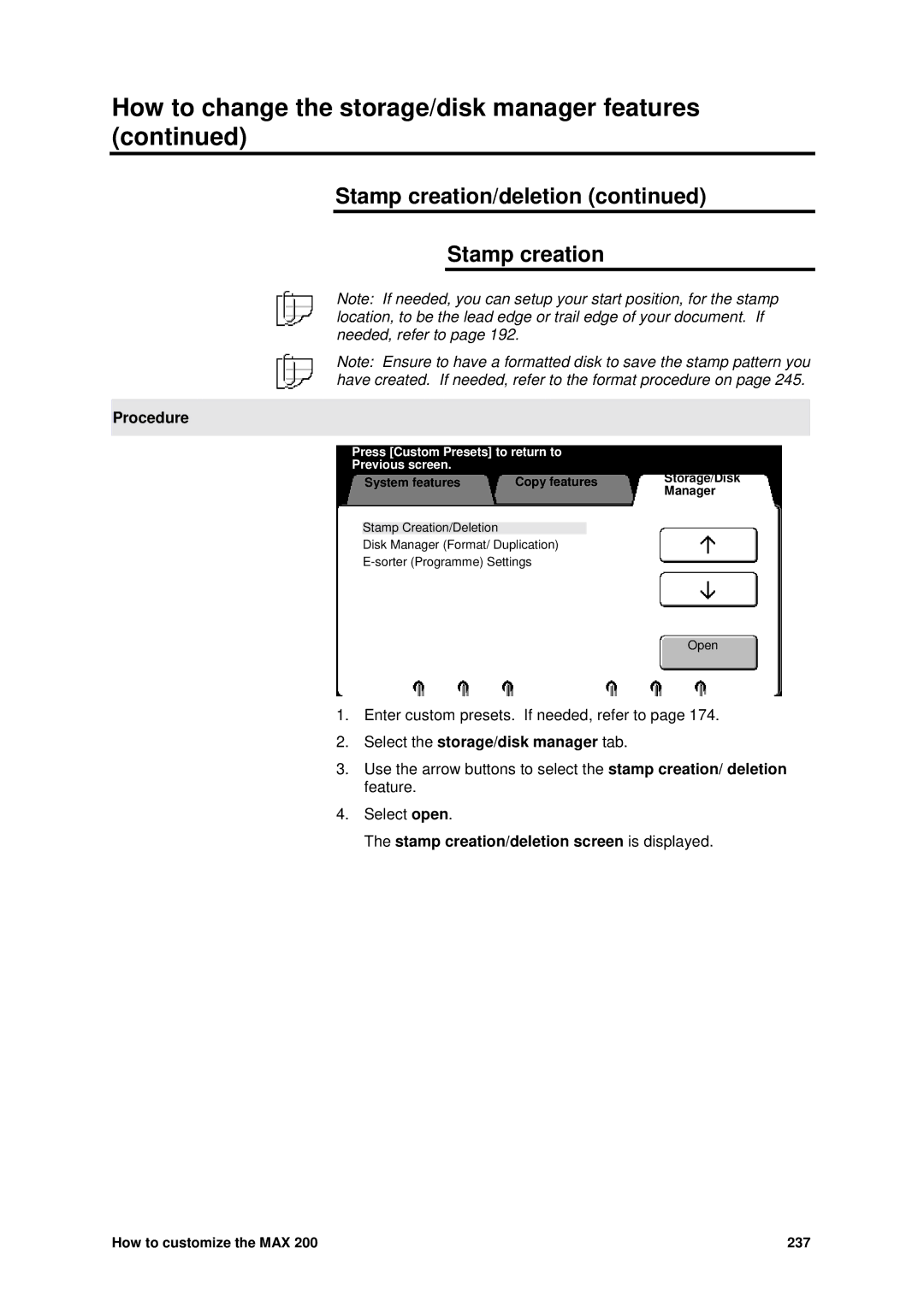 Xerox MAX 200 manual Select the storage/disk manager tab, Stamp creation/deletion screen is displayed 