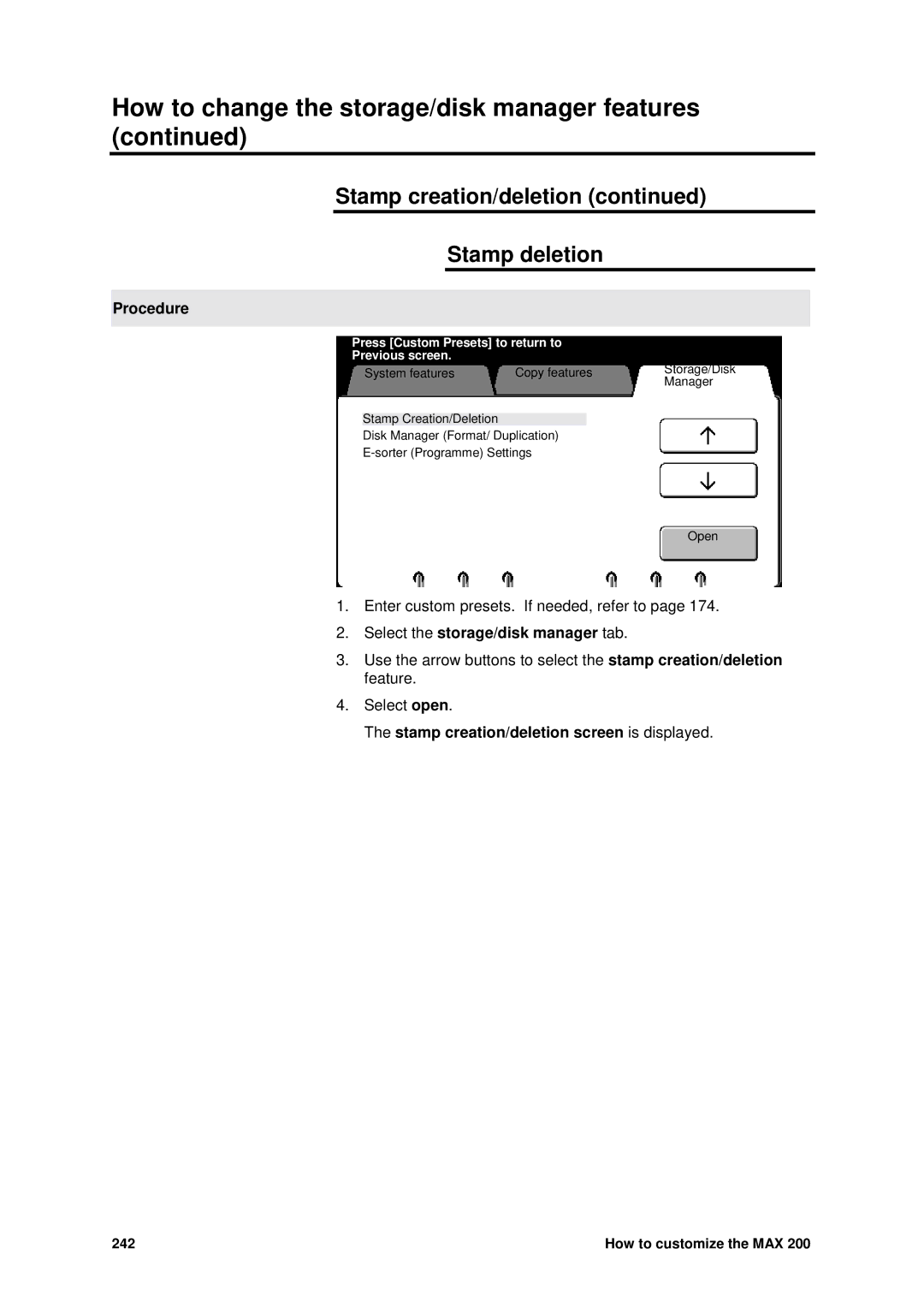 Xerox MAX 200 manual Stamp creation/deletion Stamp deletion, Procedure 