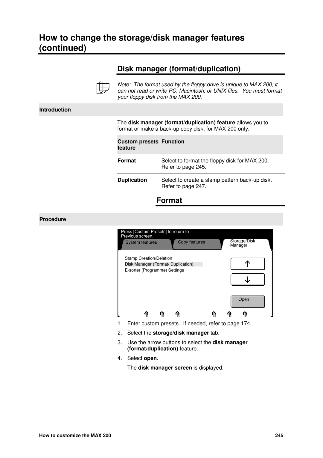 Xerox MAX 200 manual Disk manager format/duplication, Format, Duplication, Disk manager screen is displayed 