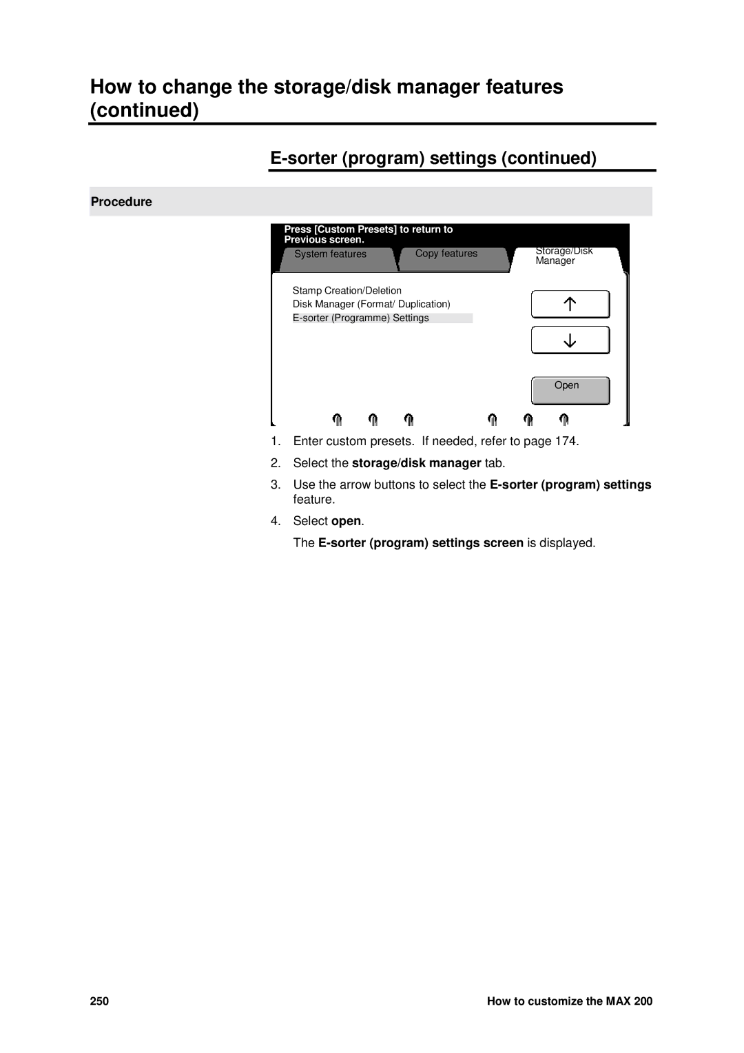 Xerox MAX 200 manual Procedure, E-sorter program settings screen is displayed 