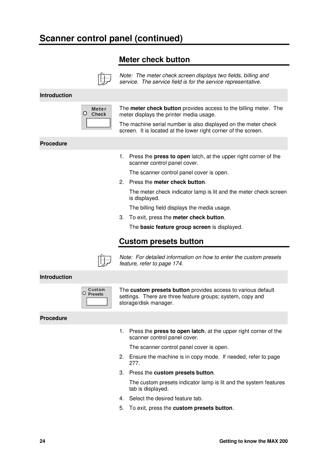 Xerox MAX 200 manual Meter check button, Custom presets button 