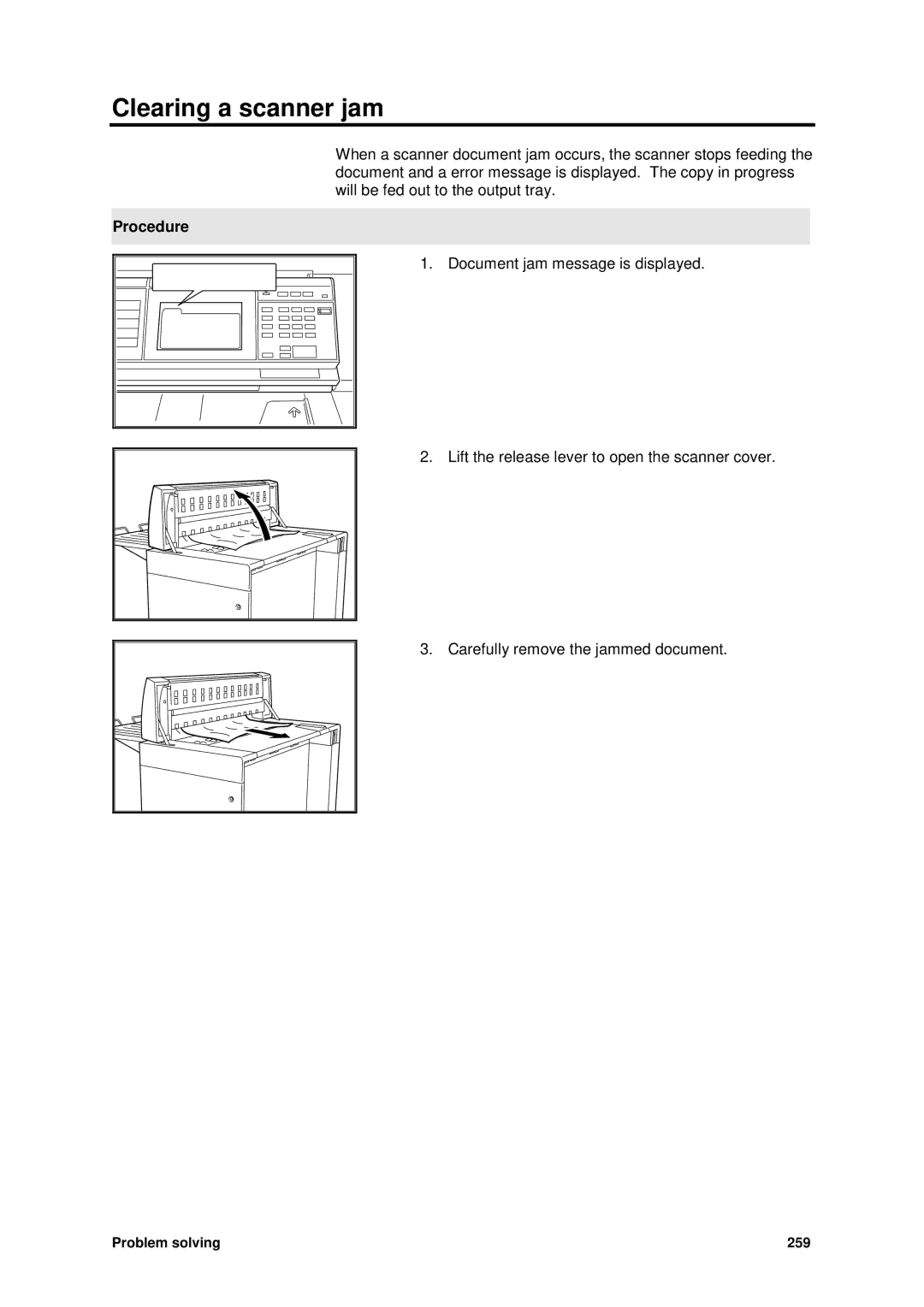 Xerox MAX 200 manual Clearing a scanner jam, Procedure 