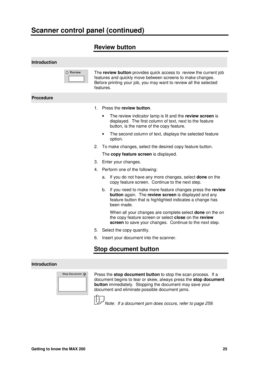 Xerox MAX 200 manual Review button, Stop document button, Procedure Press the review button 