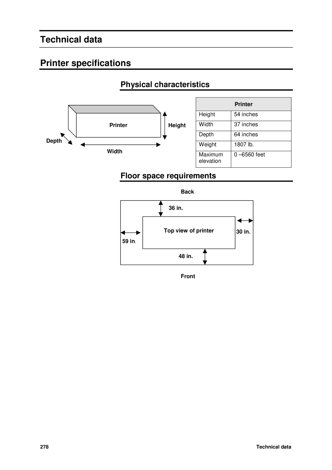 Xerox MAX 200 manual Technical data Printer specifications, Physical characteristics, Floor space requirements 