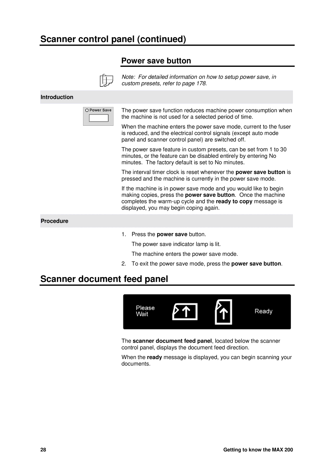 Xerox MAX 200 manual Scanner document feed panel, Power save button 