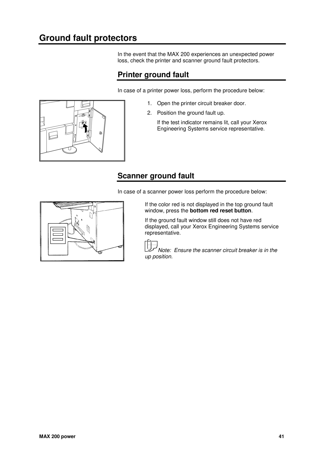 Xerox MAX 200 manual Ground fault protectors, Printer ground fault, Scanner ground fault 