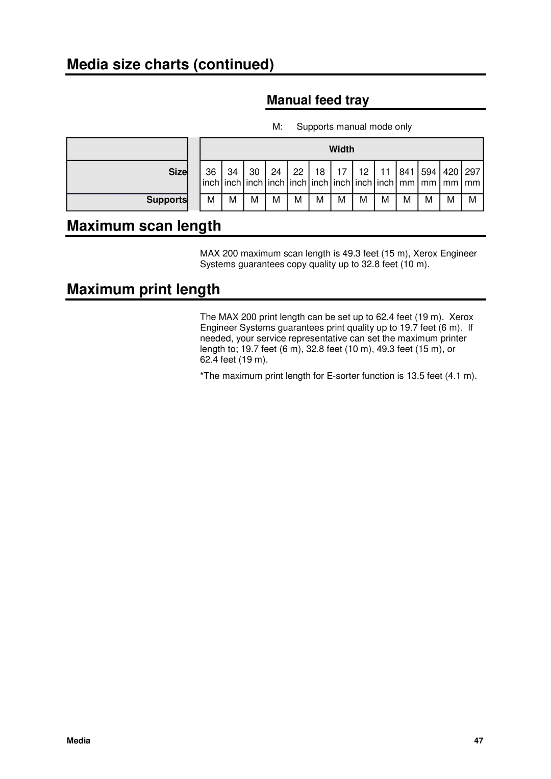 Xerox MAX 200 manual Maximum scan length, Maximum print length, Width 