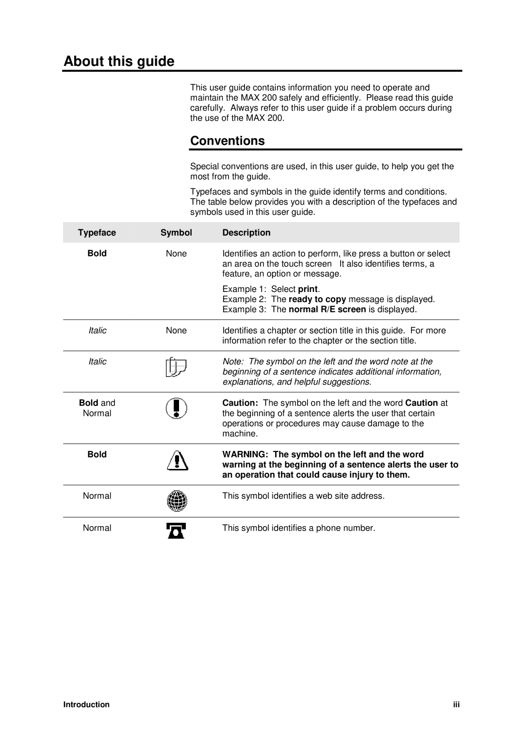 Xerox MAX 200 manual About this guide, Conventions, Typeface Symbol Description Bold 