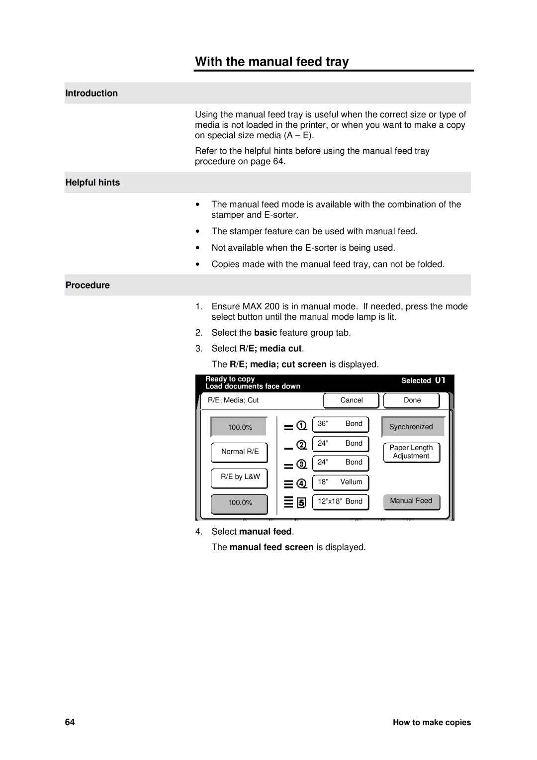 Xerox MAX 200 With the manual feed tray, Helpful hints, Select manual feed Manual feed screen is displayed 