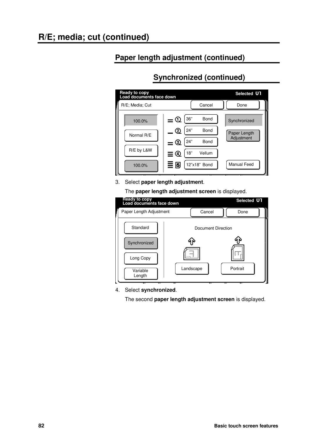 Xerox MAX 200 manual Paper length adjustment Synchronized, Ready to copy Selected Load documents face down 