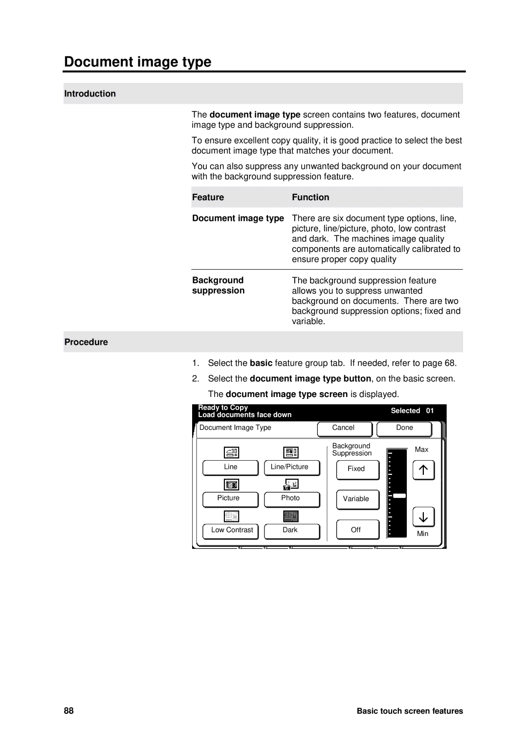 Xerox MAX 200 manual Document image type, FeatureFunction, Background, Suppression 