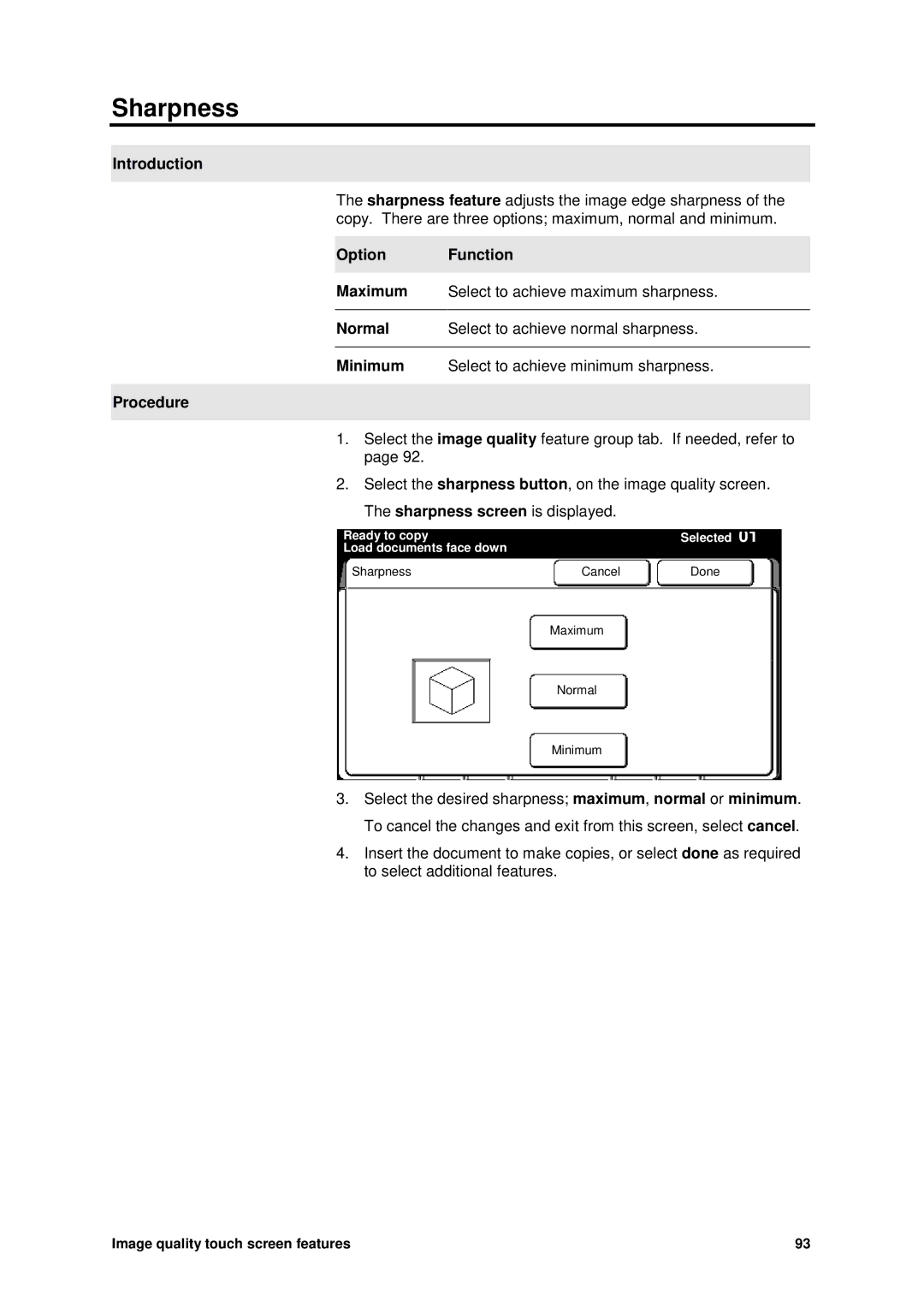 Xerox MAX 200 manual Sharpness, Normal Select to achieve normal sharpness 