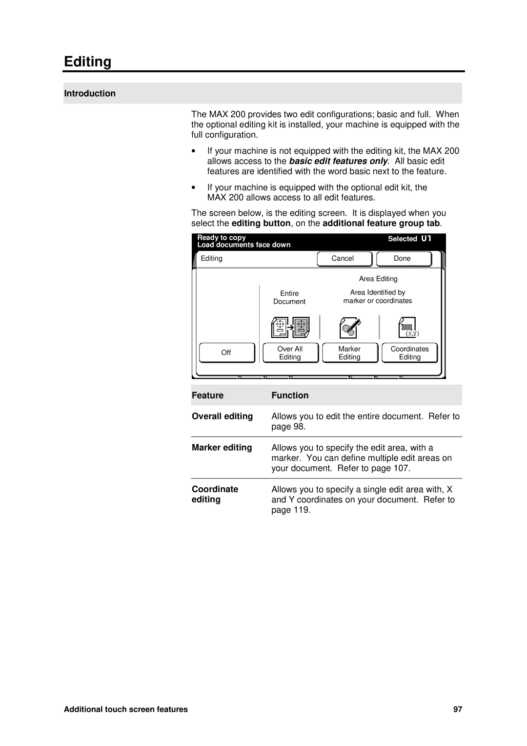 Xerox MAX 200 manual Editing, Feature Function Overall editing, Marker editing, Coordinate 