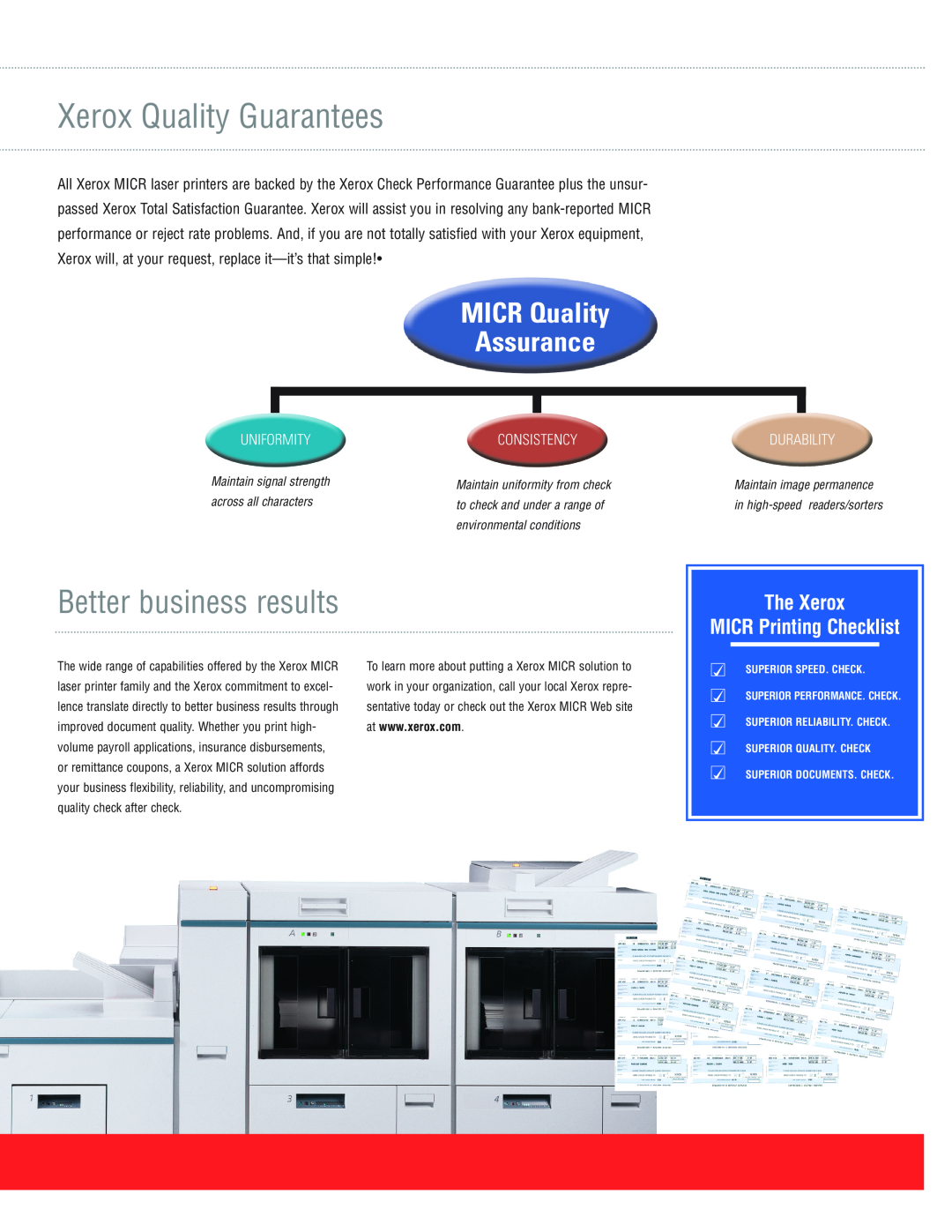 Xerox Xerox Quality Guarantees, Better business results, MICR Quality Assurance, The Xerox MICR Printing Checklist 