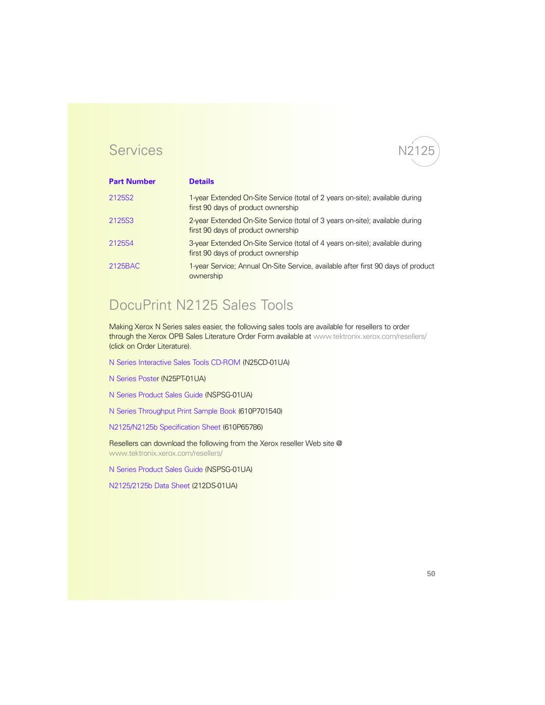 Xerox N Series manual DocuPrint N2125 Sales Tools, Services, Part Number, Details 