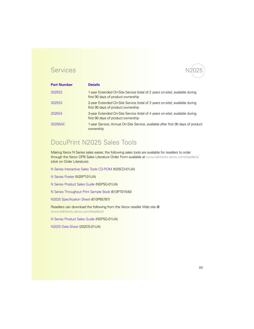 Xerox N Series manual DocuPrint N2025 Sales Tools, Services, Part Number, Details 