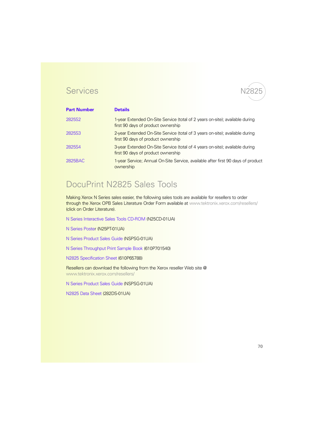 Xerox N Series manual DocuPrint N2825 Sales Tools, Services, Part Number, Details 