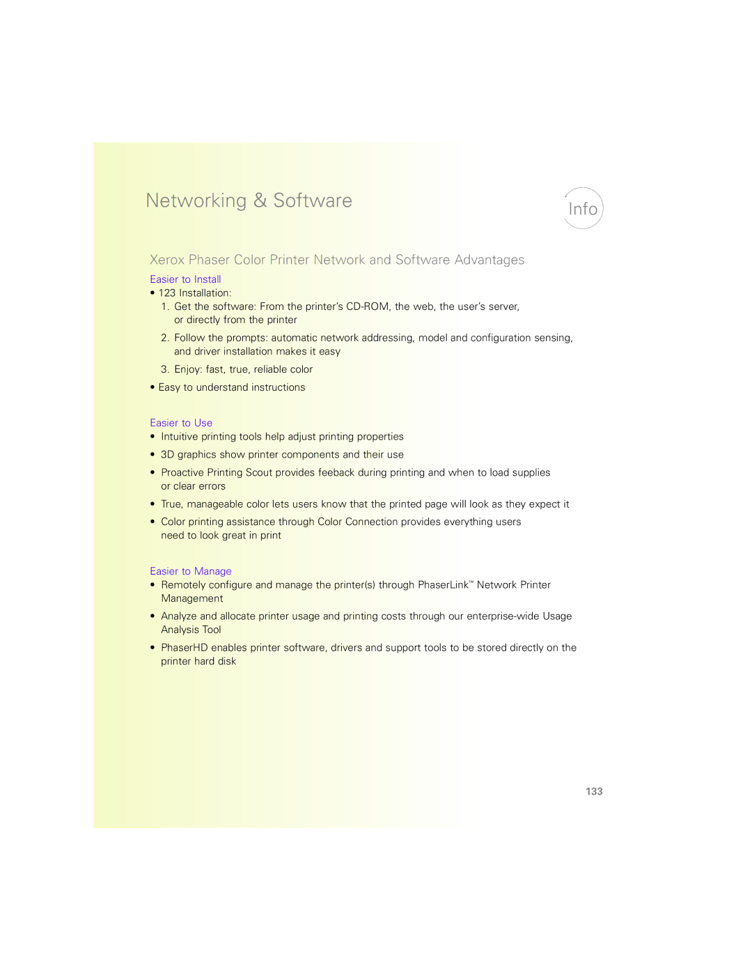 Xerox N Series manual Info, Xerox Phaser Color Printer Network and Software Advantages, Easier to Install, Easier to Use 