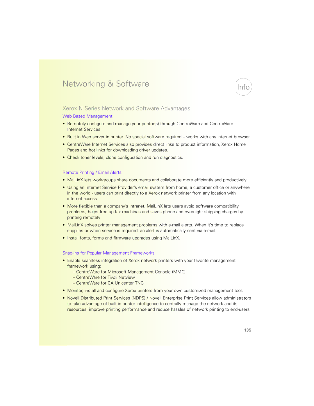 Xerox manual Xerox N Series Network and Software Advantages, Web Based Management, Remote Printing / Email Alerts 