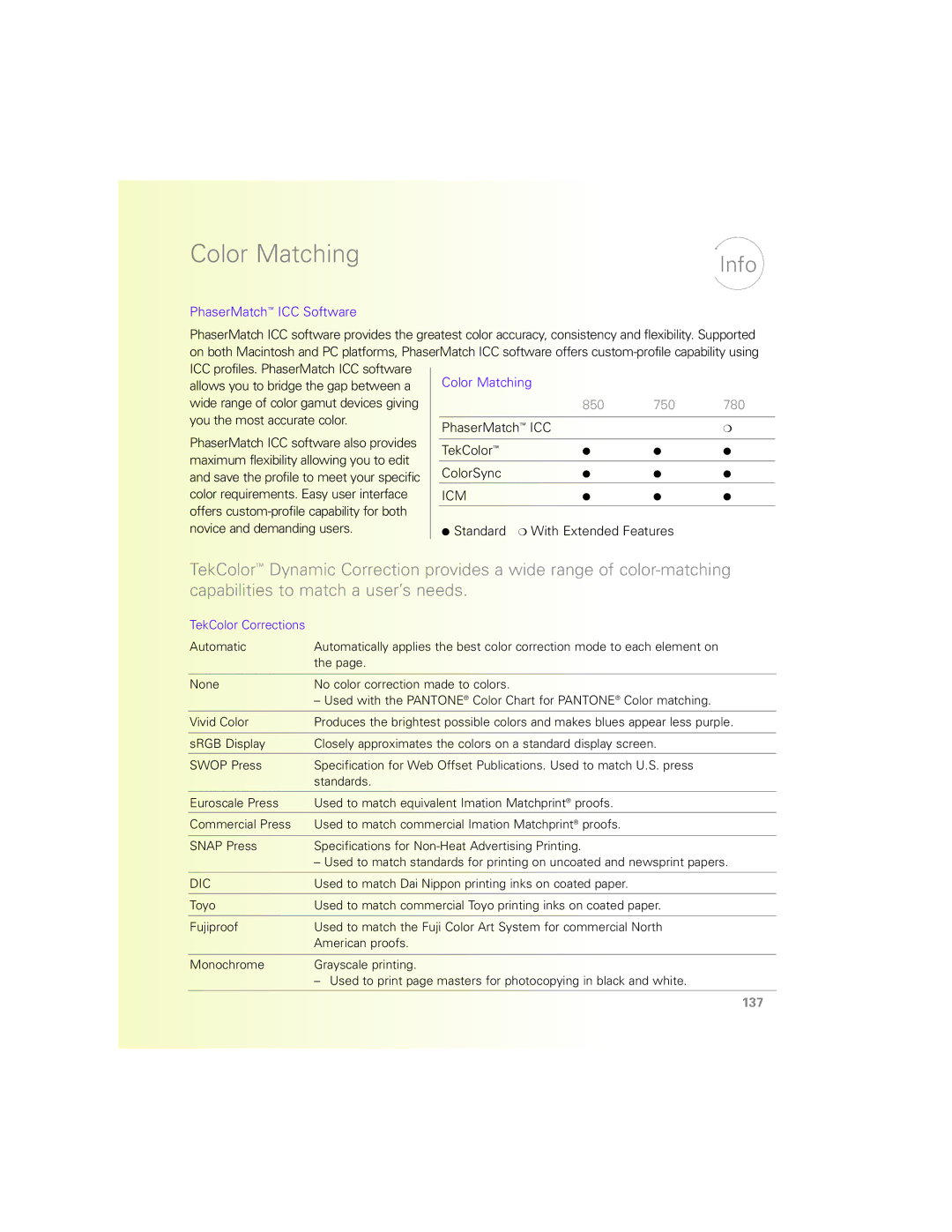 Xerox N Series manual Color Matching, PhaserMatch ICC Software, 850 750 780, TekColor Corrections 