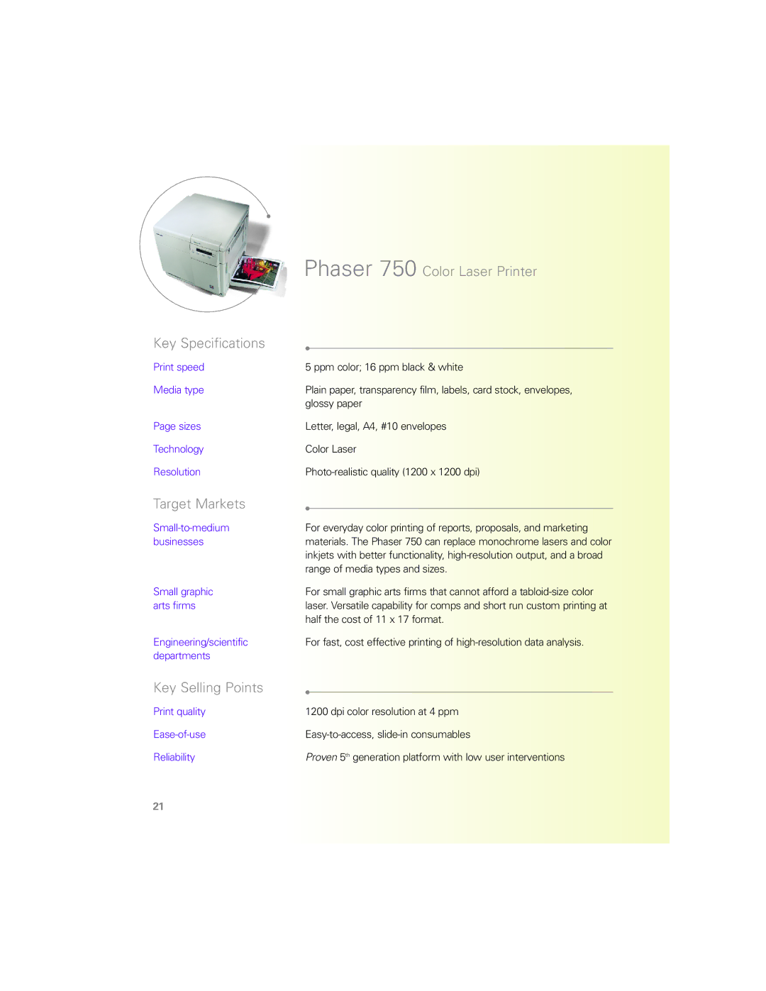 Xerox N Series manual Phaser 750 Color Laser Printer Key Specifications 