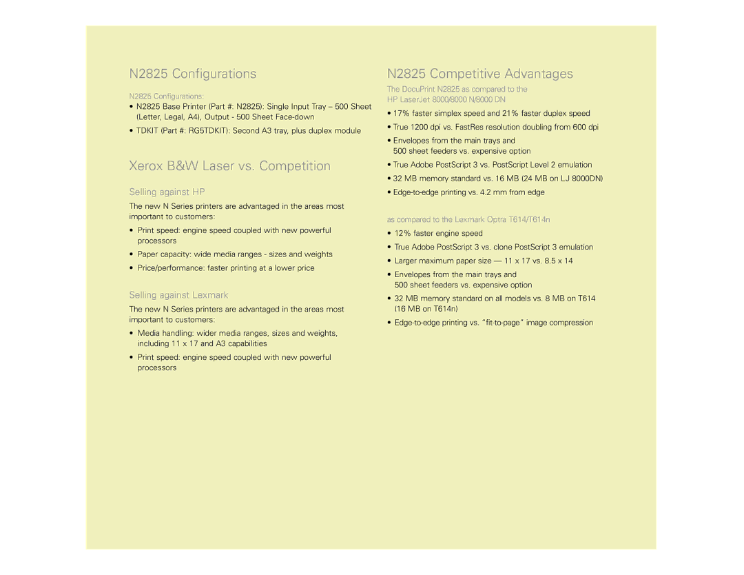 Xerox N Series manual N2825 Configurations, N2825 Competitive Advantages, As compared to the Lexmark Optra T614/T614n 