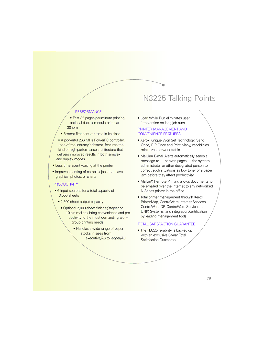 Xerox N Series manual N3225 Talking Points, Performance 