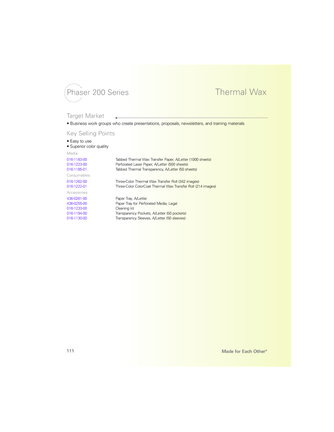 Xerox N Series manual Thermal Wax, Phaser 200 Series 