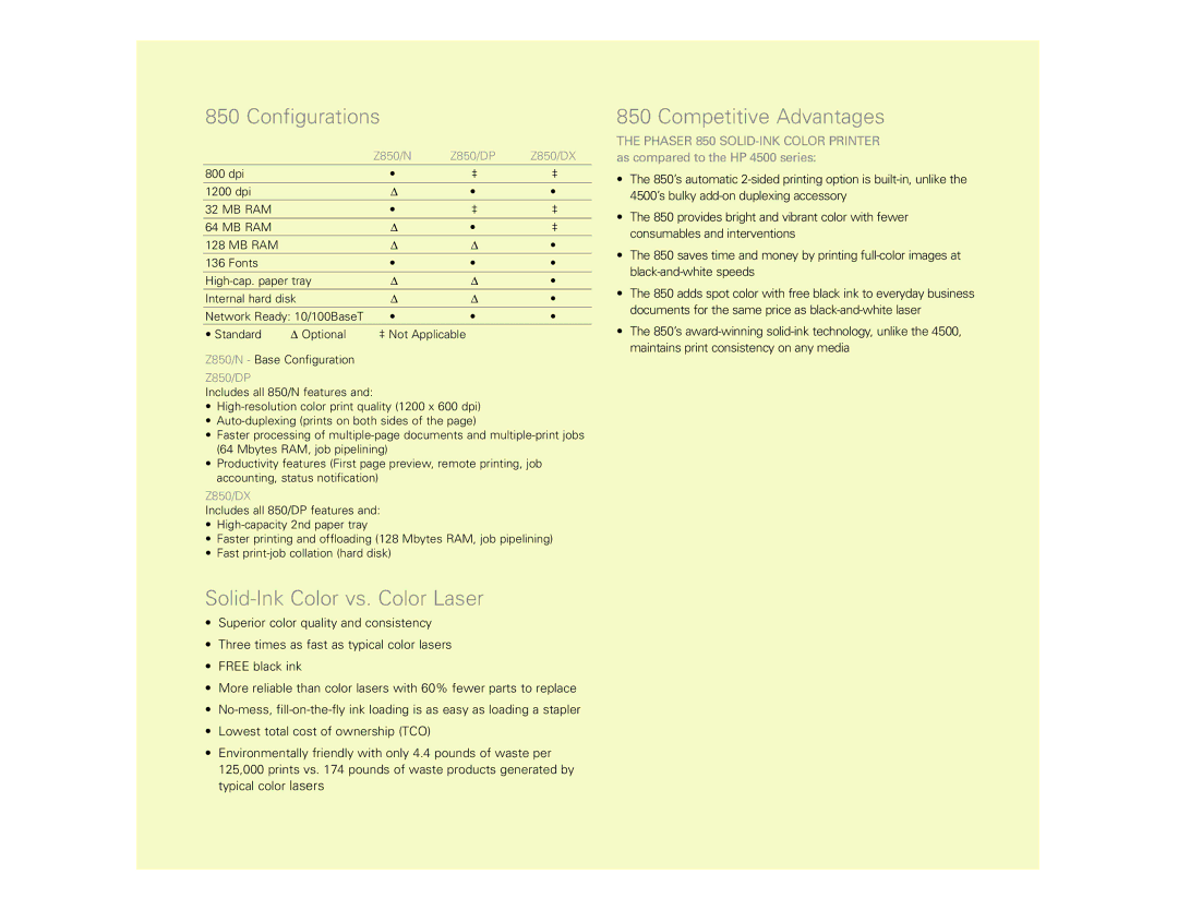 Xerox N Series manual Configurations, Solid-Ink Color vs. Color Laser, Competitive Advantages, Z850/DP, Z850/DX 